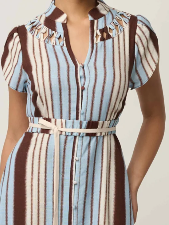 Cattleya Linen Viscose Smock Maxi Dress in Iridescent Stripe 5