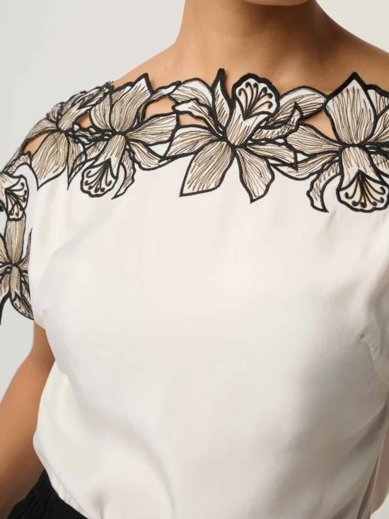 Eleanor Cupro Blend Embroidery Detail Wide Neck Top in Ivory 7