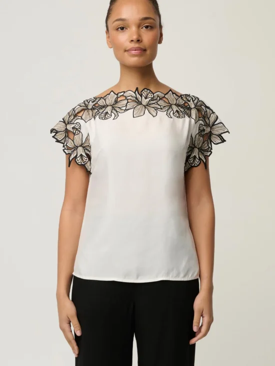 Eleanor Cupro Blend Embroidery Detail Wide Neck Top in Ivory 8