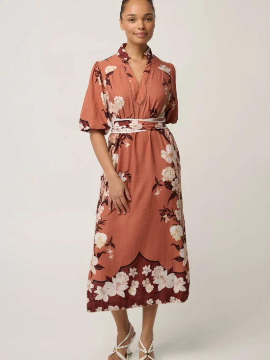 Once Was Gisela Linen Viscose Column Midi Dress in Amber Vine