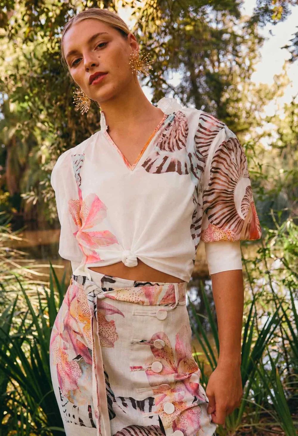 Oleander Cotton Silk Shirred Blouse in Nautilus Bloom 1