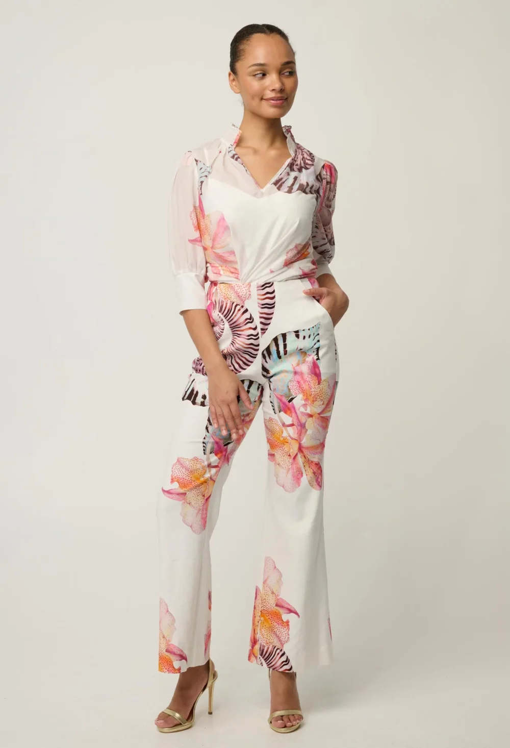 Oleander Cotton Silk Shirred Blouse in Nautilus Bloom 2