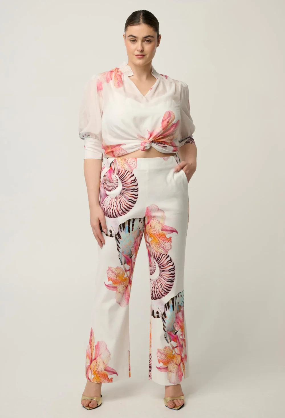 Oleander Cotton Silk Shirred Blouse in Nautilus Bloom 4