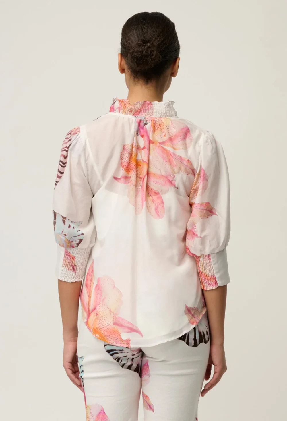 Oleander Cotton Silk Shirred Blouse in Nautilus Bloom 6