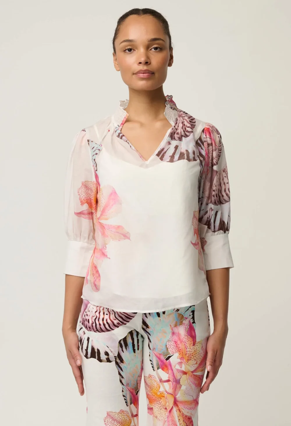 Oleander Cotton Silk Shirred Blouse in Nautilus Bloom 8
