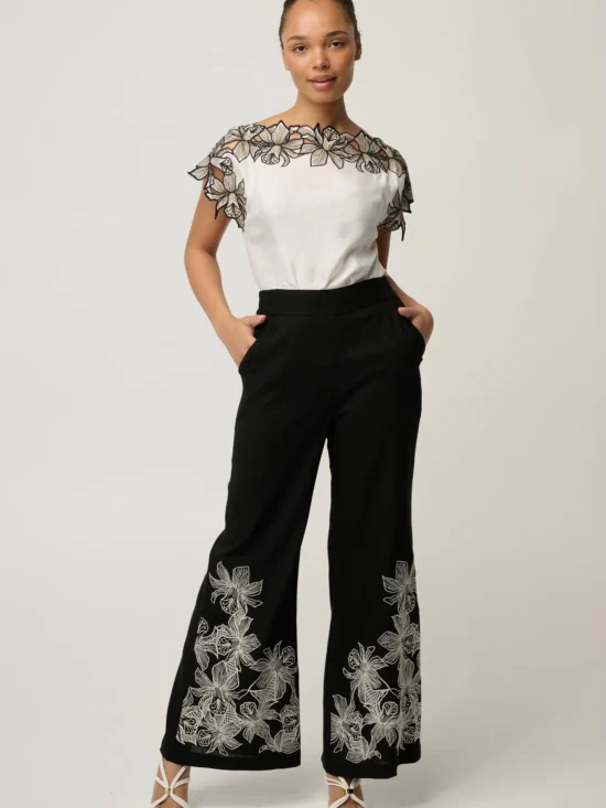 Willow Linen Viscose Embroidery Detail Pant in Black 2