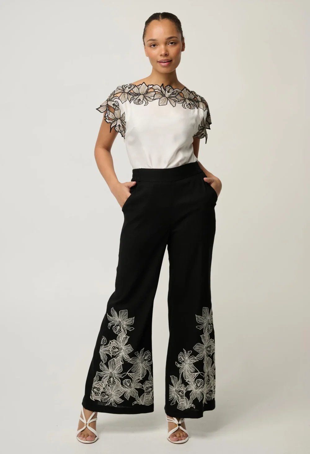 Willow Linen Viscose Embroidery Detail Pant in Black 2