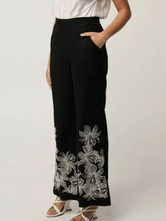 Willow Linen Viscose Embroidery Detail Pant in Black 4